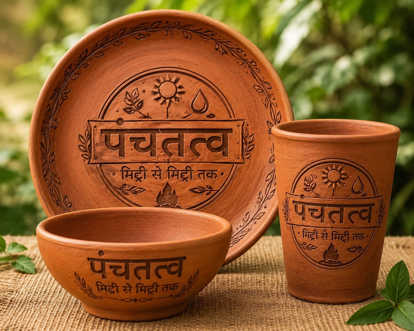 पंचतत्व — हस्तनिर्मित मिट्टी की प्लेट, बाउल और कुल्हड़ का सेट